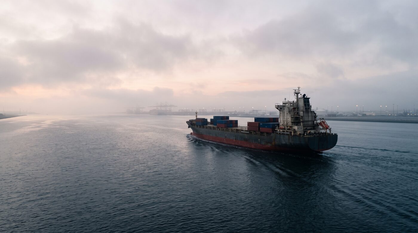 Cargo vessel moving through a shipping channel at first light