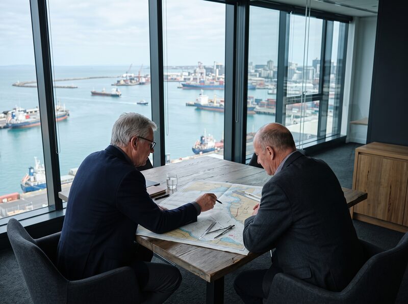 Two maritime professionals reviewing a chart beside a harbor